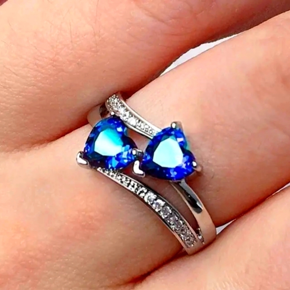 New Blue Size 6 Women's Elegant Double Heart Ring